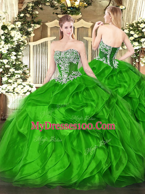 Sleeveless Floor Length Beading and Ruffles Lace Up Ball Gown Prom Dress