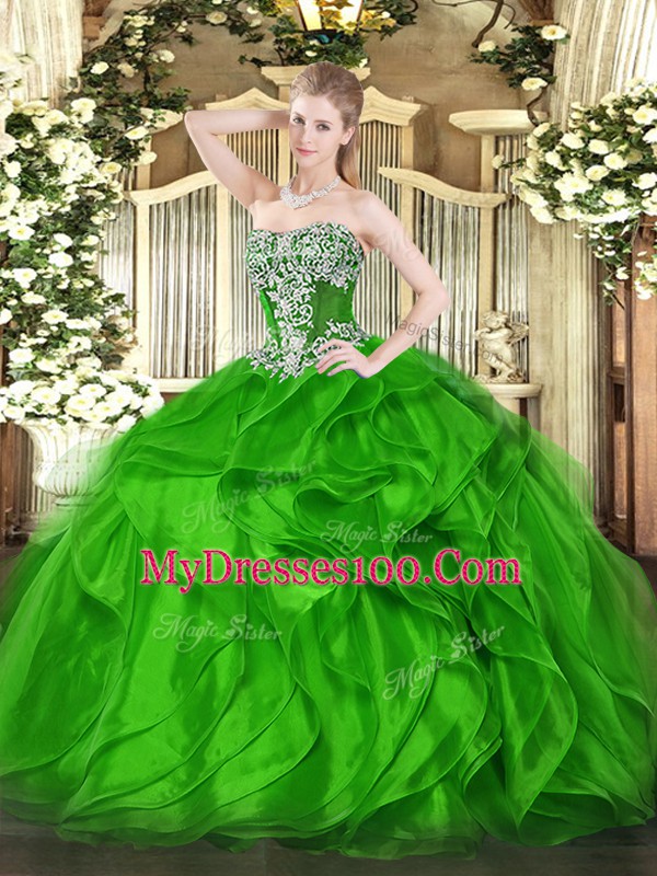 Sleeveless Floor Length Beading and Ruffles Lace Up Ball Gown Prom Dress