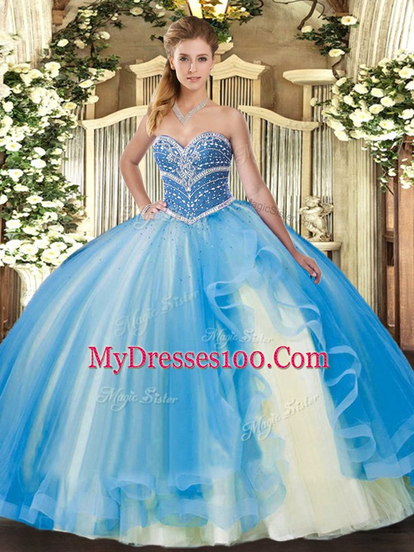 Exceptional Baby Blue Lace Up Quinceanera Gowns Beading and Ruffles Sleeveless Floor Length