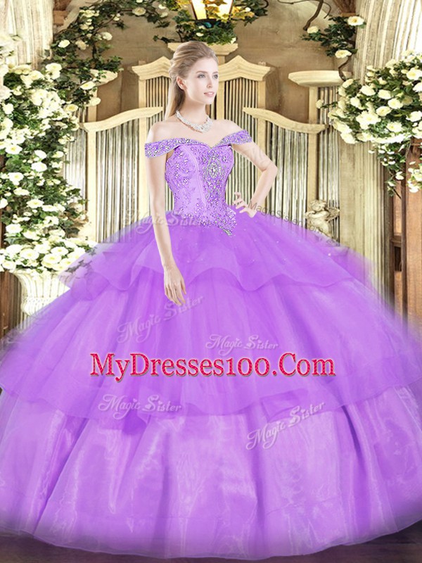 Deluxe Lavender Organza Lace Up Off The Shoulder Sleeveless Floor Length Quinceanera Gown Beading and Ruffled Layers