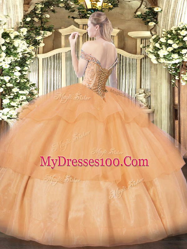 Deluxe Lavender Organza Lace Up Off The Shoulder Sleeveless Floor Length Quinceanera Gown Beading and Ruffled Layers