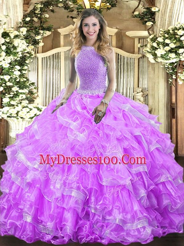 Best Selling Floor Length Lavender Vestidos de Quinceanera High-neck Sleeveless Lace Up