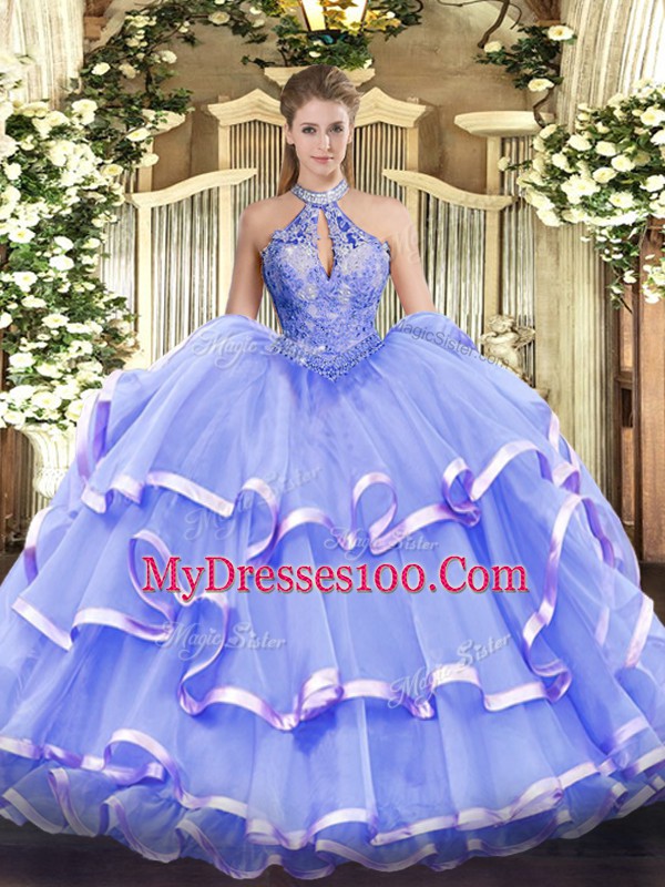 Admirable Lavender Organza Lace Up Quinceanera Dresses Sleeveless Floor Length Beading