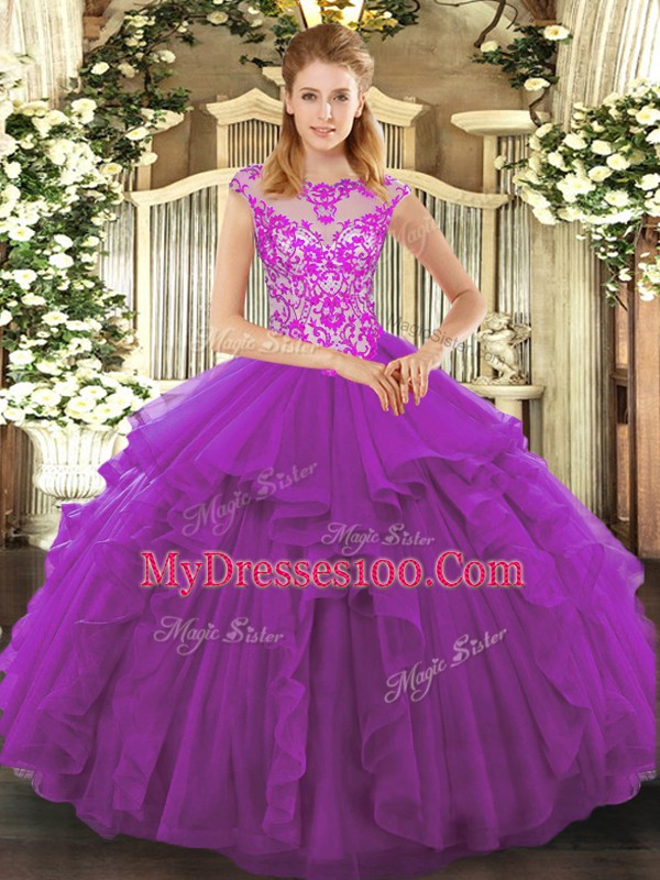 High Quality Purple Quinceanera Gown Military Ball and Sweet 16 and Quinceanera with Beading and Ruffles Scoop Cap Sleeves Lace Up