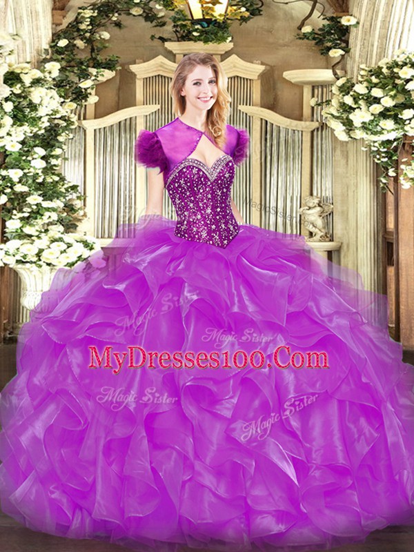 Excellent Fuchsia Sleeveless Floor Length Beading and Ruffles Lace Up Vestidos de Quinceanera