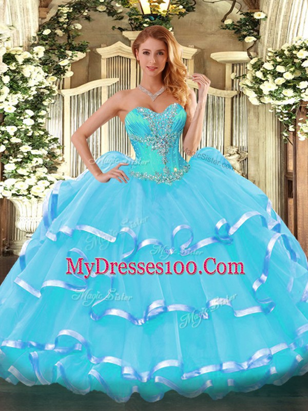 Aqua Blue Sweetheart Neckline Beading and Ruffled Layers Quinceanera Dress Sleeveless Lace Up