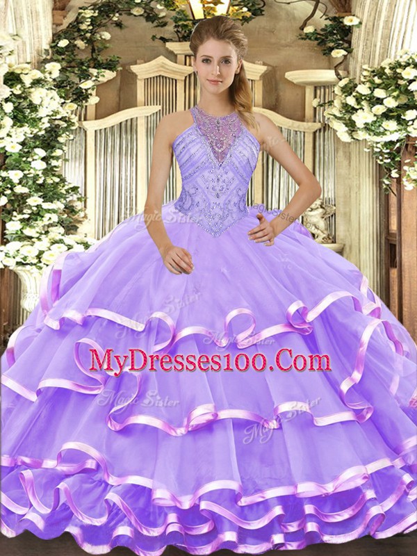 Lavender Sleeveless Organza Lace Up Ball Gown Prom Dress for Military Ball and Sweet 16 and Quinceanera