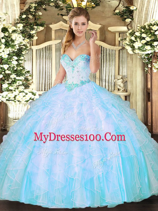 Delicate Aqua Blue Ball Gowns Organza Sweetheart Sleeveless Beading and Ruffles Floor Length Lace Up Quinceanera Dresses