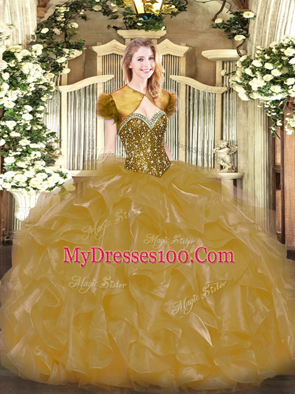 Inexpensive Gold Ball Gowns Beading and Ruffles 15 Quinceanera Dress Lace Up Organza Sleeveless Floor Length