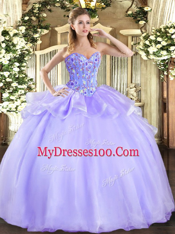 Nice Lavender Sweetheart Lace Up Embroidery Ball Gown Prom Dress Sleeveless