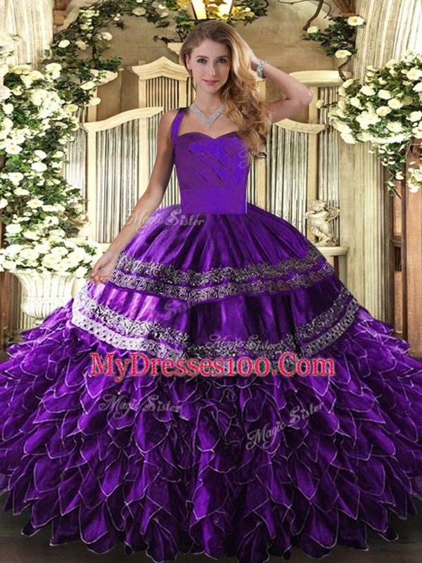 Purple Lace Up Halter Top Embroidery and Ruffles Quinceanera Gowns Organza Sleeveless
