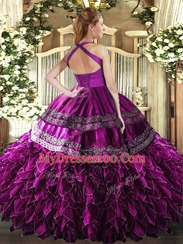 Purple Lace Up Halter Top Embroidery and Ruffles Quinceanera Gowns Organza Sleeveless
