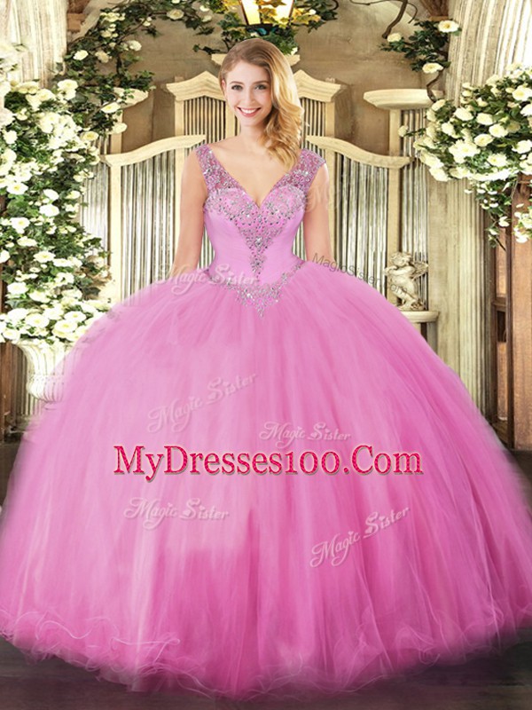 Rose Pink Tulle Lace Up V-neck Sleeveless Floor Length Quinceanera Gown Beading