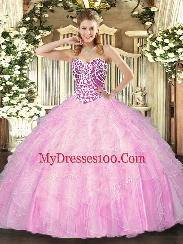 Low Price Rose Pink Lace Up Sweetheart Beading and Ruffles Sweet 16 Quinceanera Dress Tulle Sleeveless