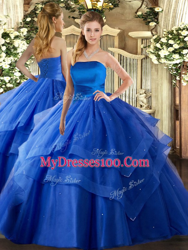 Custom Designed Royal Blue Sleeveless Ruffled Layers Floor Length Sweet 16 Dress