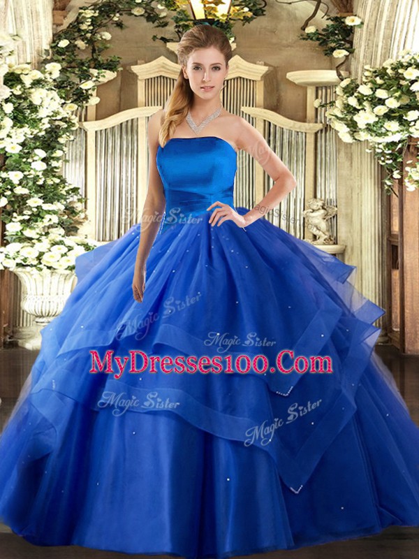 Custom Designed Royal Blue Sleeveless Ruffled Layers Floor Length Sweet 16 Dress