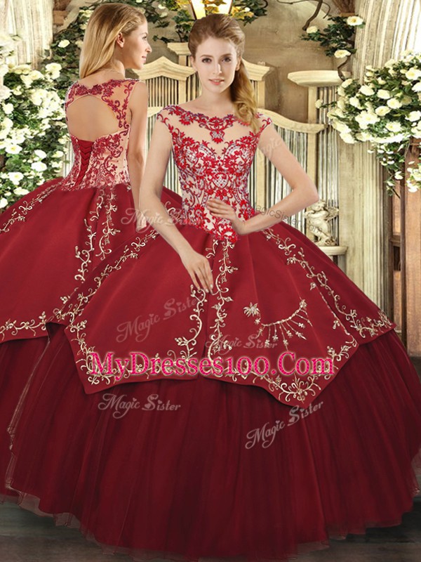 Simple Cap Sleeves Lace Up Floor Length Beading and Appliques and Embroidery 15th Birthday Dress