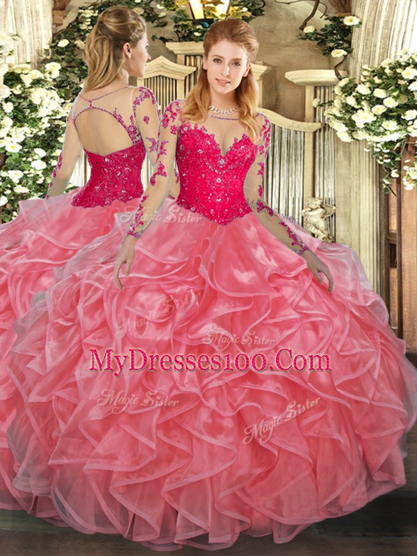 Lace and Ruffles Vestidos de Quinceanera Watermelon Red Lace Up Long Sleeves Floor Length