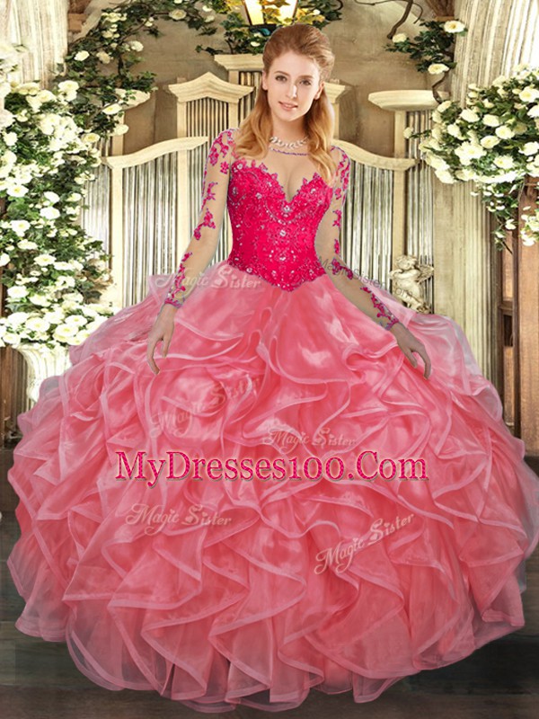 Lace and Ruffles Vestidos de Quinceanera Watermelon Red Lace Up Long Sleeves Floor Length