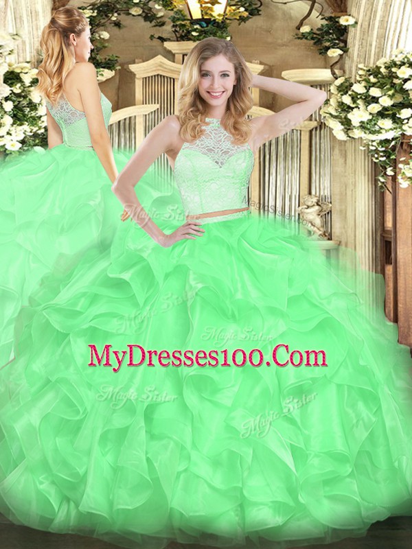 Luxurious Apple Green Quinceanera Gown Military Ball and Sweet 16 and Quinceanera with Lace and Ruffles Scoop Sleeveless Zipper