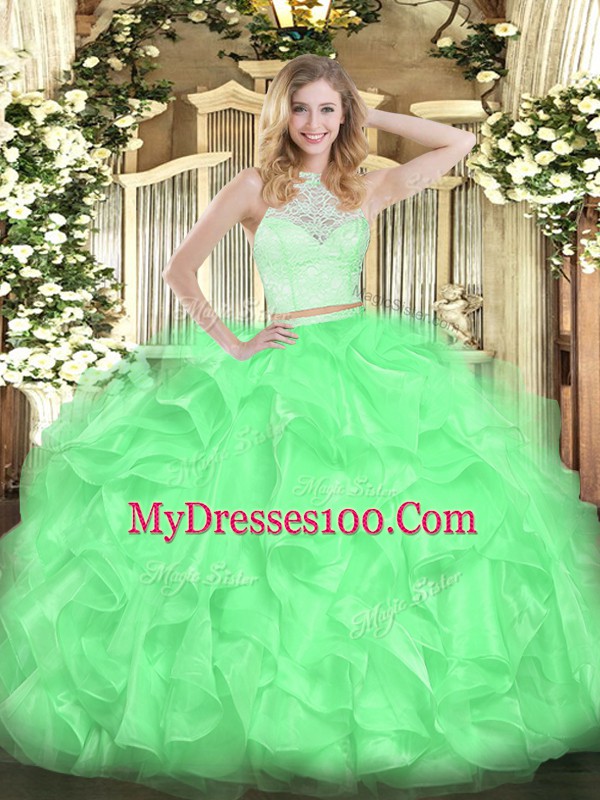 Luxurious Apple Green Quinceanera Gown Military Ball and Sweet 16 and Quinceanera with Lace and Ruffles Scoop Sleeveless Zipper
