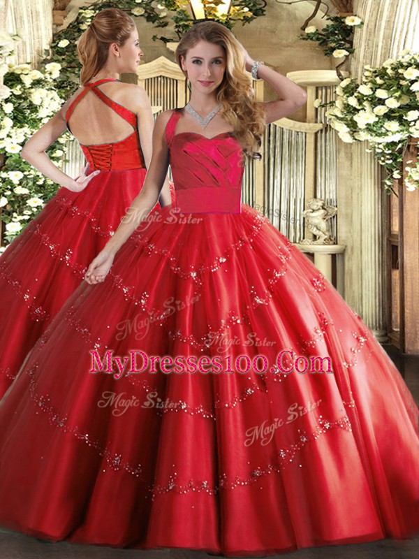Stunning Red Ball Gowns Tulle Halter Top Sleeveless Appliques Floor Length Lace Up Quinceanera Gown