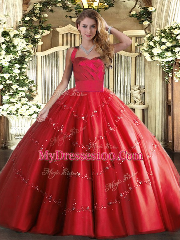 Stunning Red Ball Gowns Tulle Halter Top Sleeveless Appliques Floor Length Lace Up Quinceanera Gown