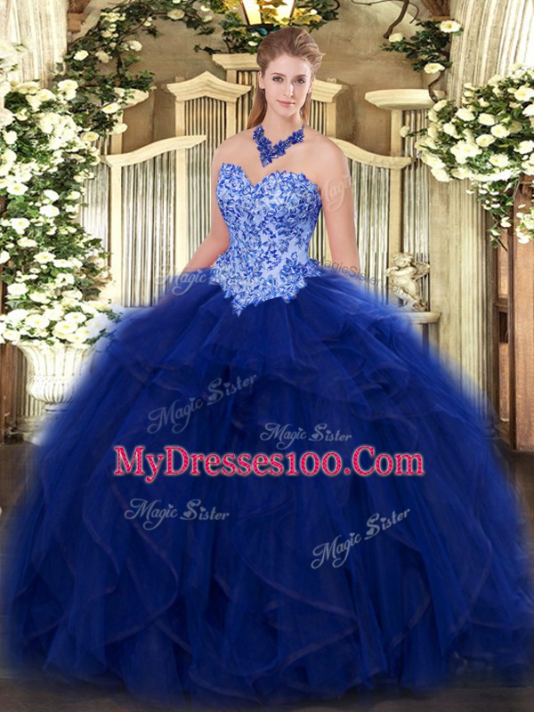 Sleeveless Floor Length Appliques and Ruffles Lace Up Quinceanera Gown with Blue