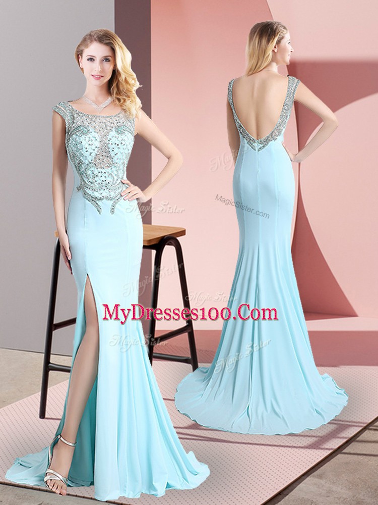 Aqua Blue Mermaid Beading Evening Dress Backless Chiffon Sleeveless