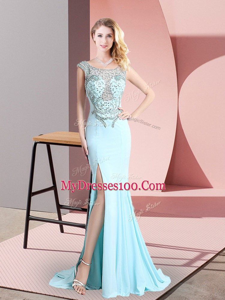 Aqua Blue Mermaid Beading Evening Dress Backless Chiffon Sleeveless