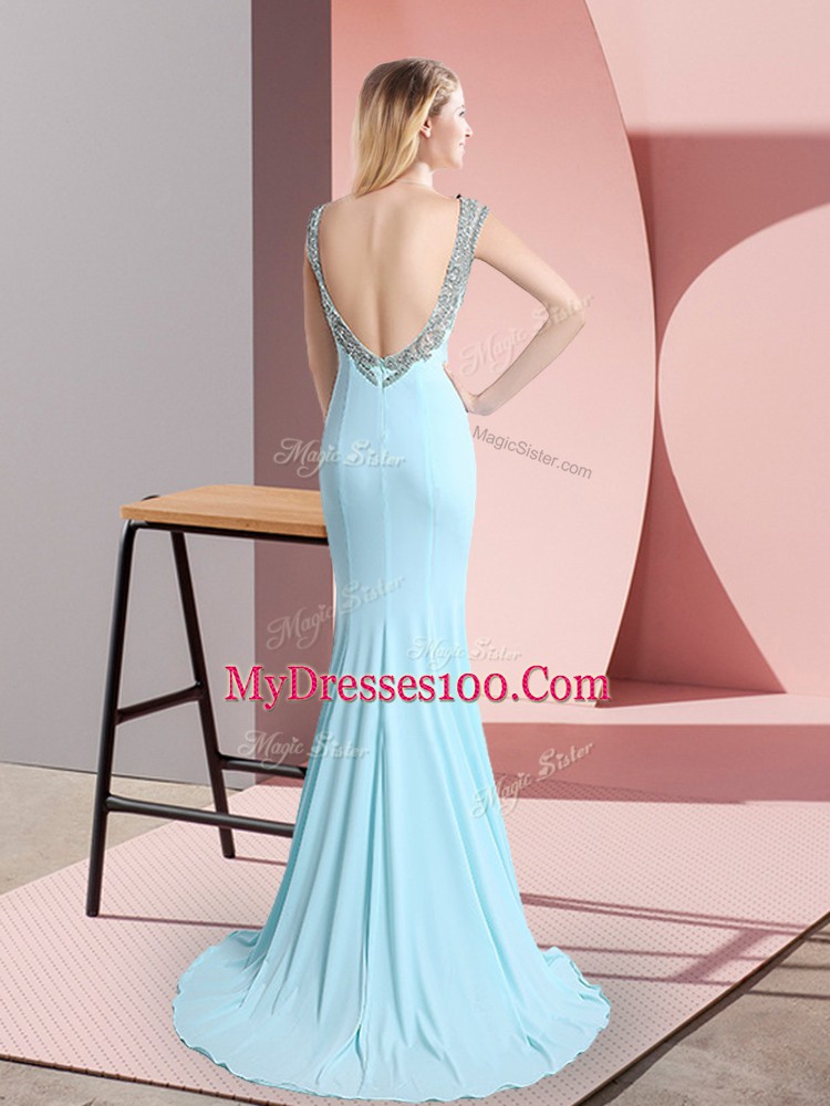 Aqua Blue Mermaid Beading Evening Dress Backless Chiffon Sleeveless