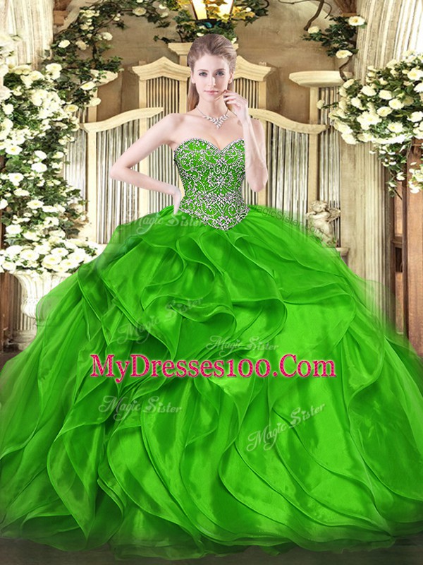 Flirting Green Ball Gowns Sweetheart Sleeveless Organza Floor Length Lace Up Beading and Ruffles 15th Birthday Dress