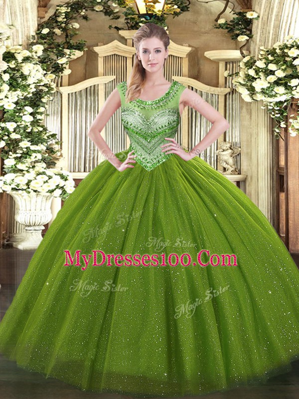 Scoop Sleeveless Lace Up Ball Gown Prom Dress Olive Green Tulle and Sequined