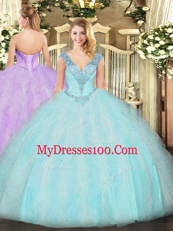 Top Selling Aqua Blue Sleeveless Ruffles Floor Length Quince Ball Gowns