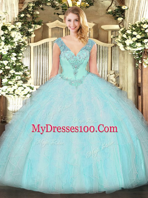 Top Selling Aqua Blue Sleeveless Ruffles Floor Length Quince Ball Gowns