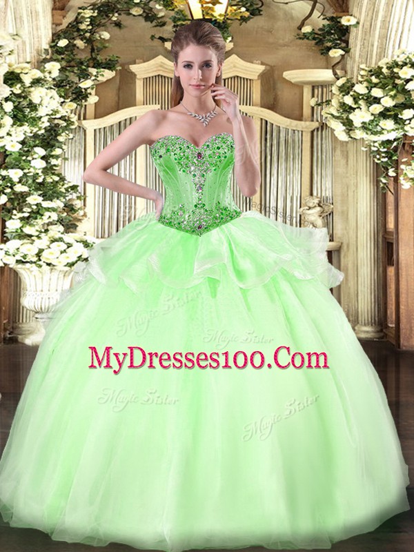 Apple Green Organza Lace Up 15 Quinceanera Dress Sleeveless Floor Length Beading