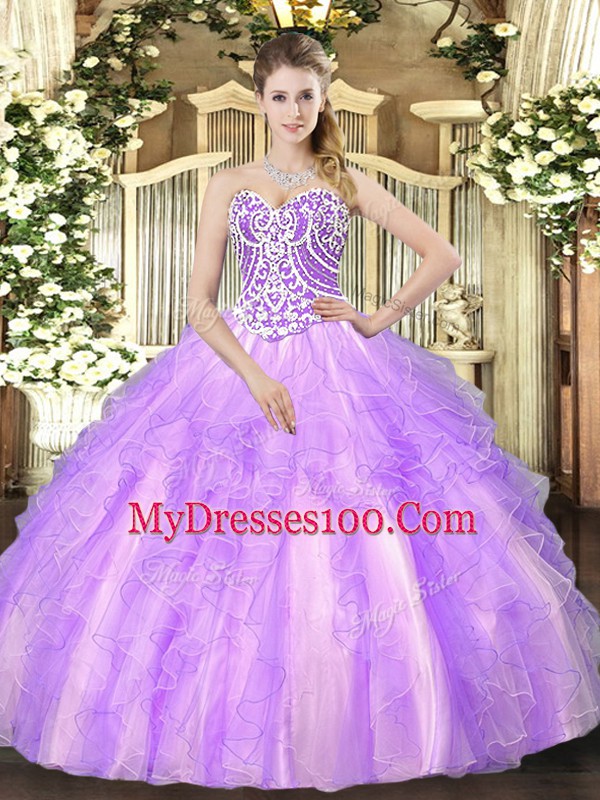 Stunning Floor Length Lace Up Quinceanera Gowns Lavender for Military Ball and Sweet 16 and Quinceanera with Beading and Ruffles