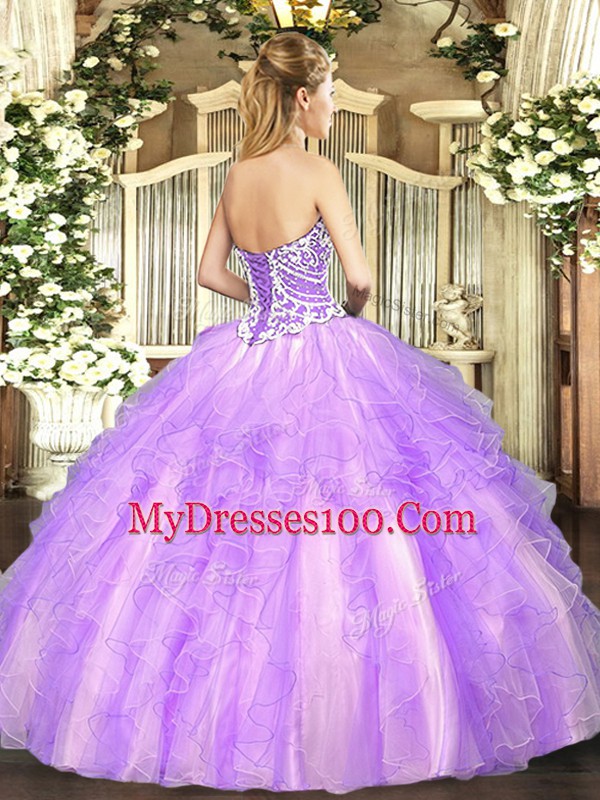 Stunning Floor Length Lace Up Quinceanera Gowns Lavender for Military Ball and Sweet 16 and Quinceanera with Beading and Ruffles