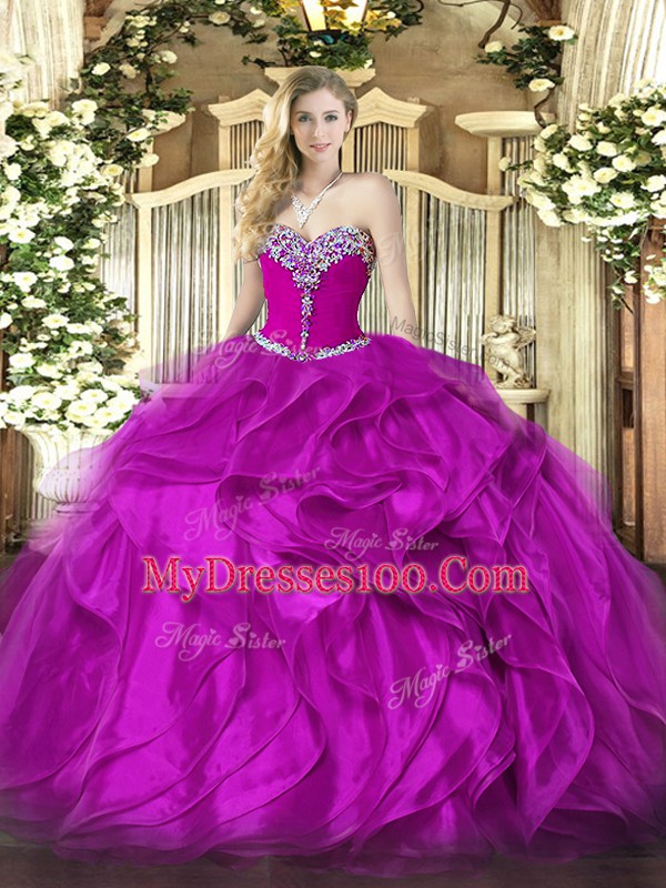 Glittering Fuchsia Sleeveless Organza Lace Up Sweet 16 Quinceanera Dress for Military Ball and Sweet 16 and Quinceanera
