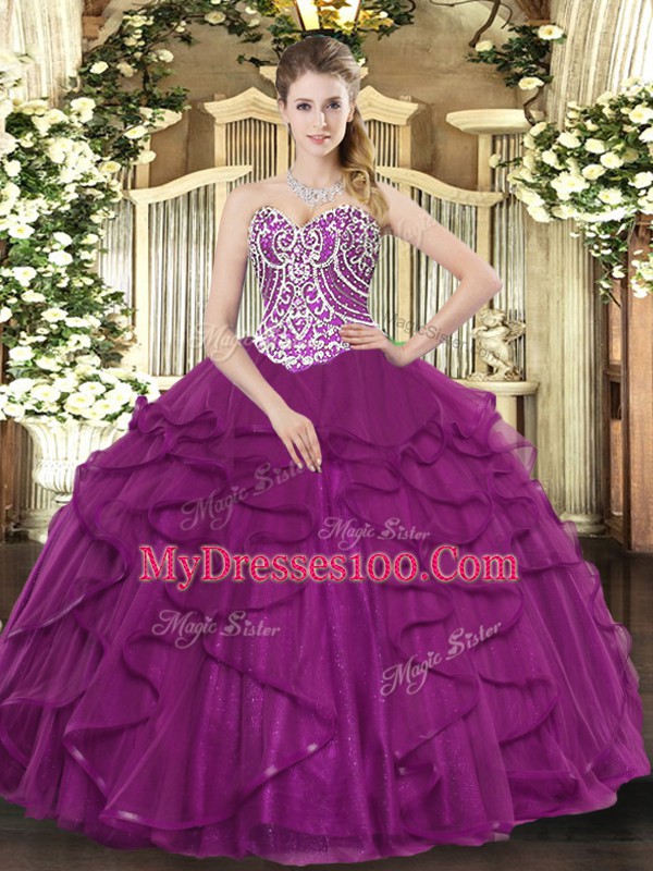 Modest Fuchsia Ball Gowns Tulle Sweetheart Sleeveless Beading and Ruffles Floor Length Lace Up Quinceanera Dress