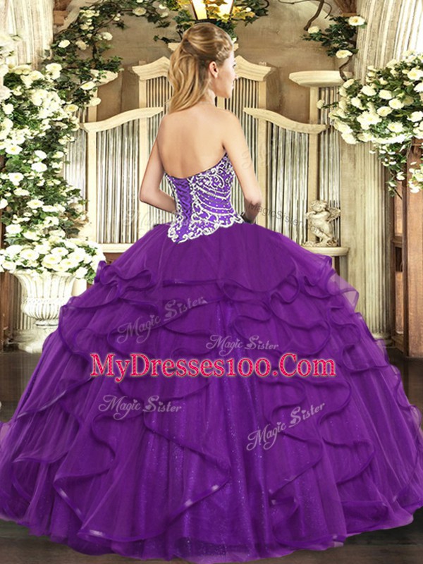 Modest Fuchsia Ball Gowns Tulle Sweetheart Sleeveless Beading and Ruffles Floor Length Lace Up Quinceanera Dress