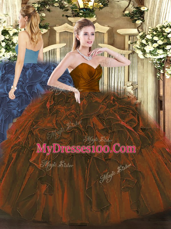 Modest Floor Length Zipper Quinceanera Dress Brown for Military Ball and Sweet 16 and Quinceanera with Ruffles