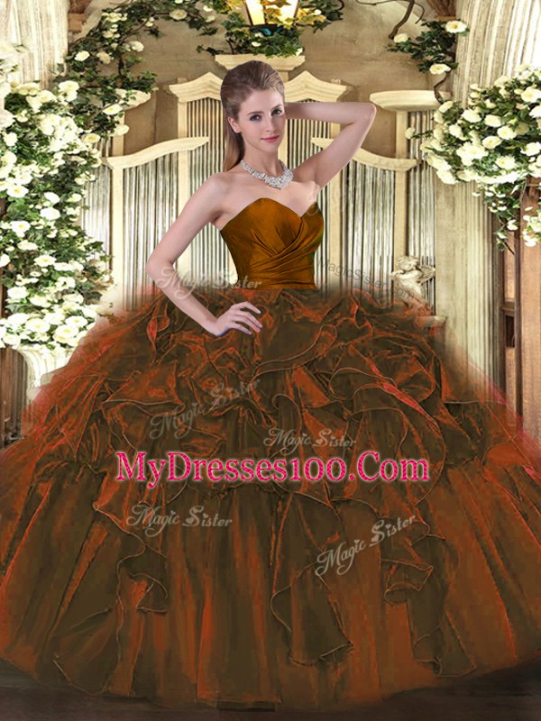Modest Floor Length Zipper Quinceanera Dress Brown for Military Ball and Sweet 16 and Quinceanera with Ruffles