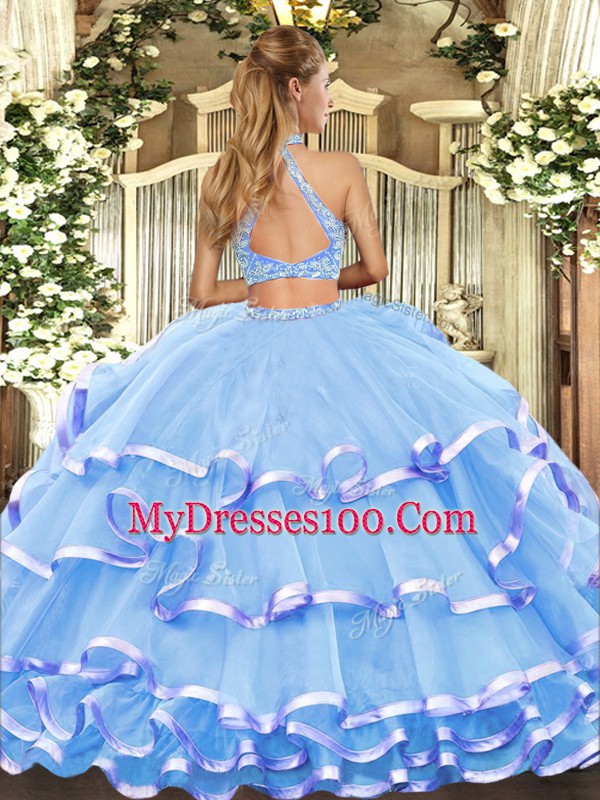 Fashion Lilac Halter Top Neckline Beading and Ruffled Layers Quince Ball Gowns Sleeveless Criss Cross