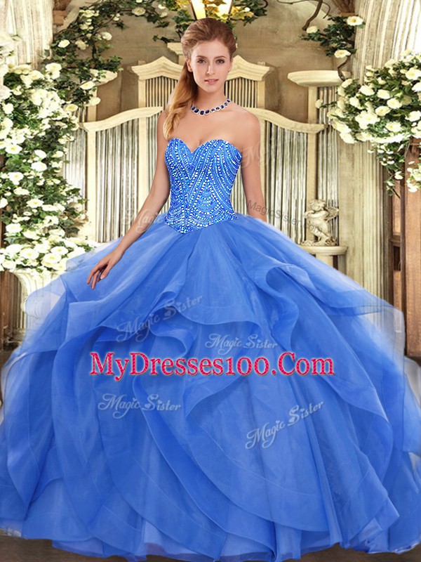 Blue Sweetheart Lace Up Beading and Ruffles Quince Ball Gowns Sleeveless