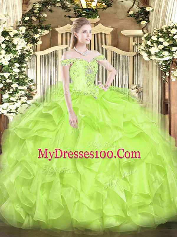 Trendy Floor Length Ball Gowns Sleeveless Yellow Green Sweet 16 Dresses Lace Up