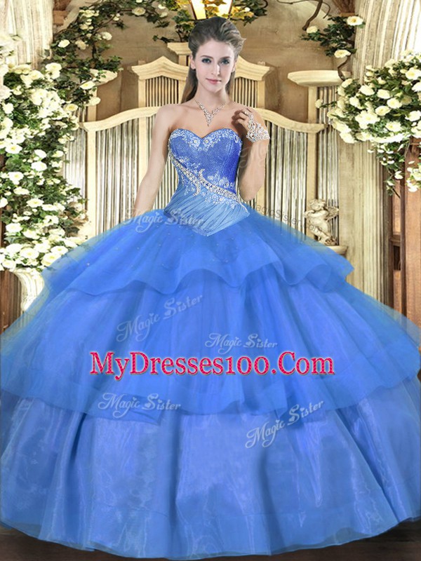 Clearance Blue Ball Gowns Sweetheart Sleeveless Tulle Floor Length Lace Up Beading and Ruffled Layers Ball Gown Prom Dress