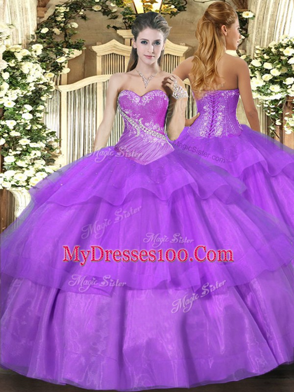 Sophisticated Lilac Lace Up 15th Birthday Dress Beading and Ruffled Layers Sleeveless Floor Length