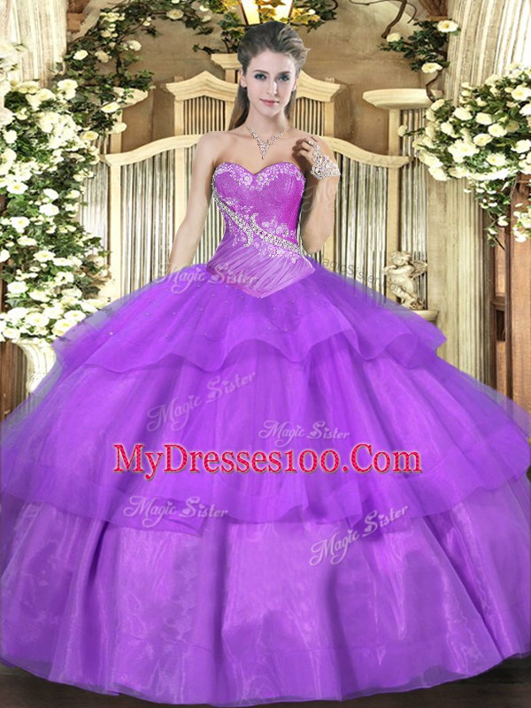 Sophisticated Lilac Lace Up 15th Birthday Dress Beading and Ruffled Layers Sleeveless Floor Length