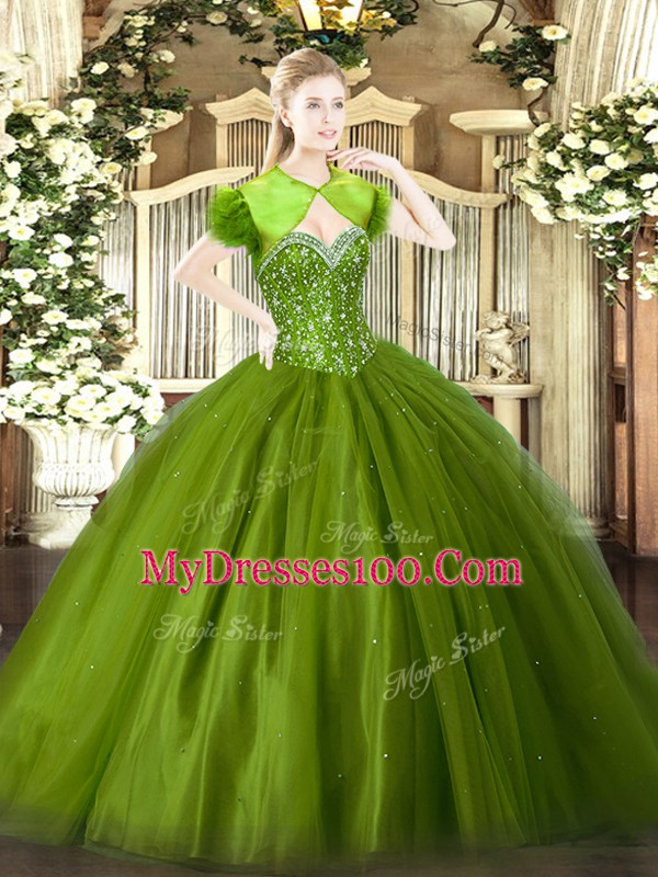 Olive Green Sleeveless Floor Length Beading Lace Up Quinceanera Gowns